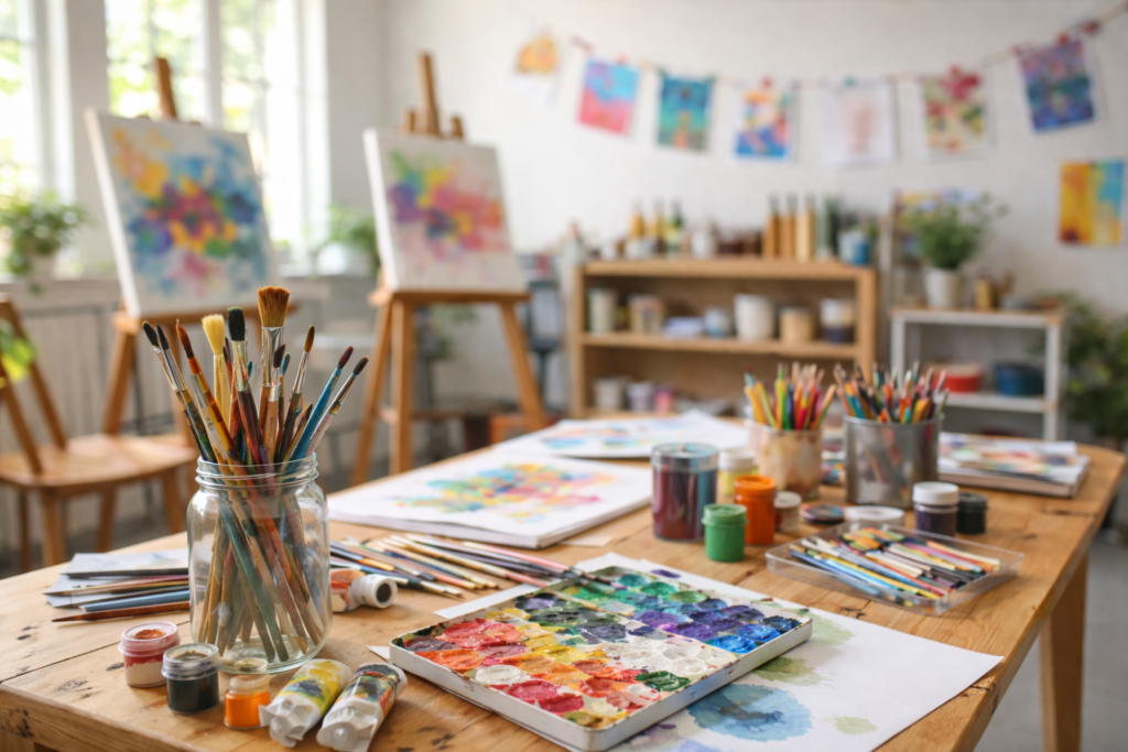 Materiais de desenho e pintura em atelier