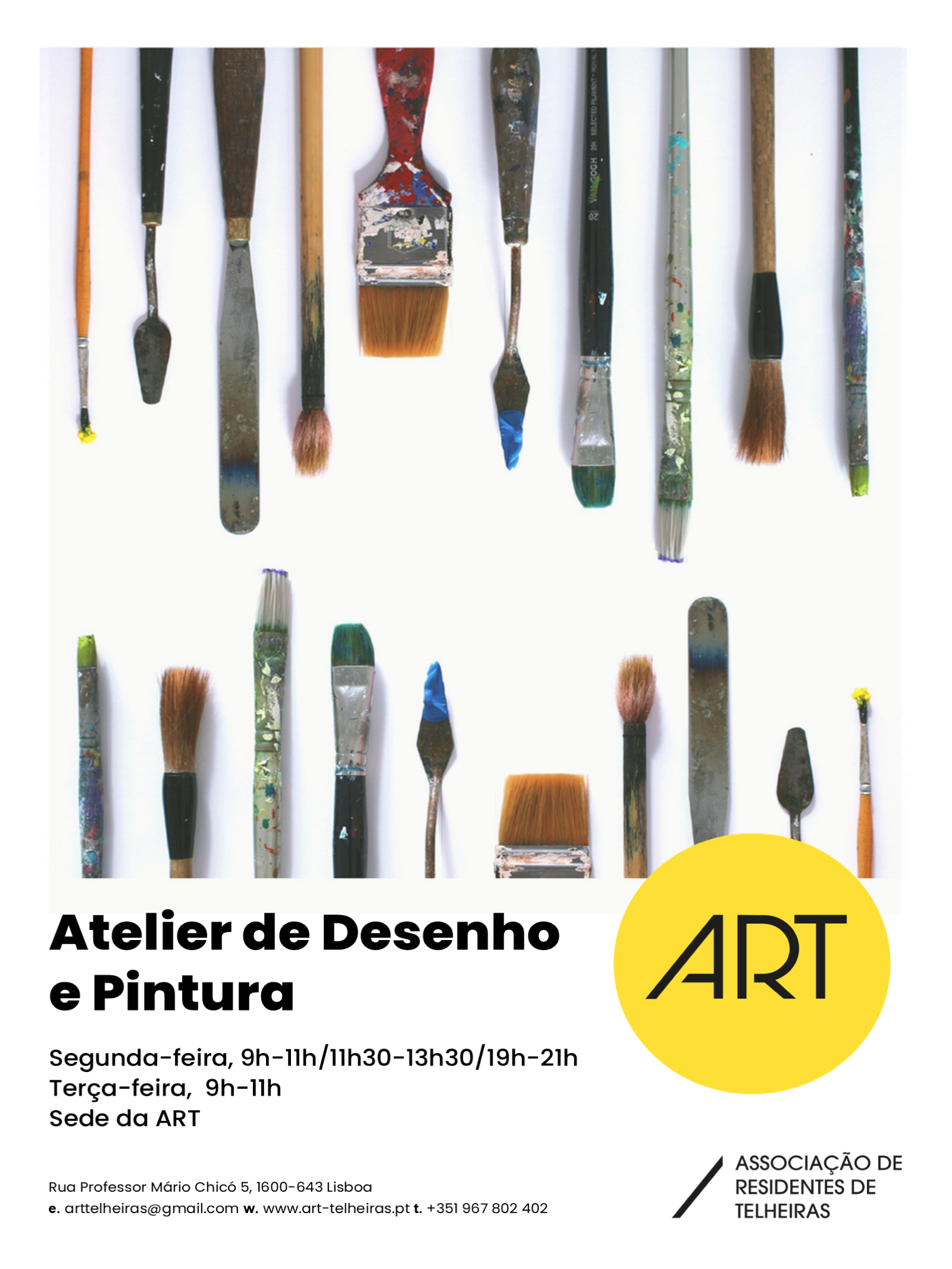 Cartaz do Atelier de Desenho e Pintura com pincéis e horários de segunda e terça-feira.