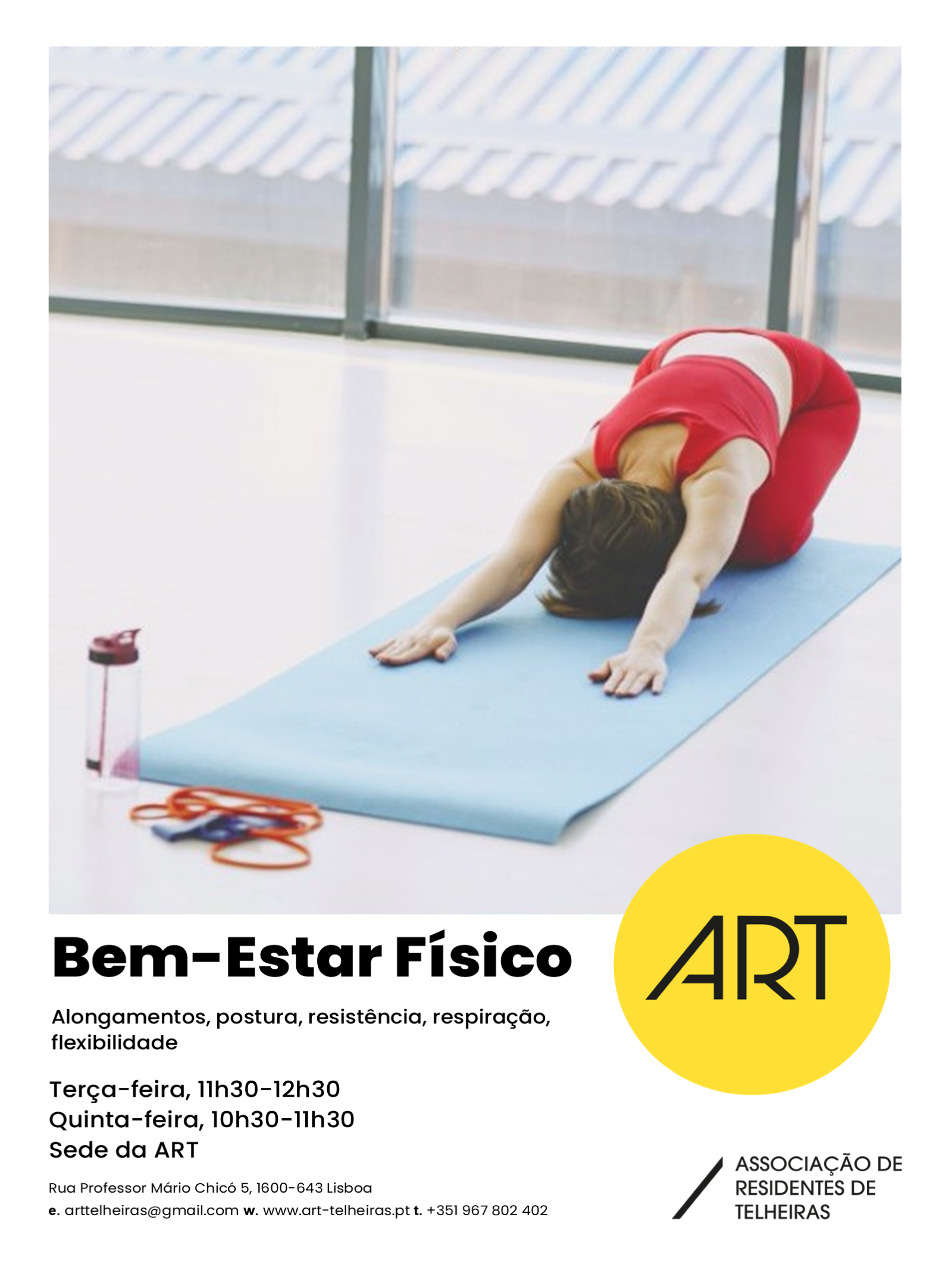 Cartaz Bem-Estar Físico Cartaz de Bem-Estar Físico com pessoa em postura de alongamento e aulas às terças e quintas-feiras.