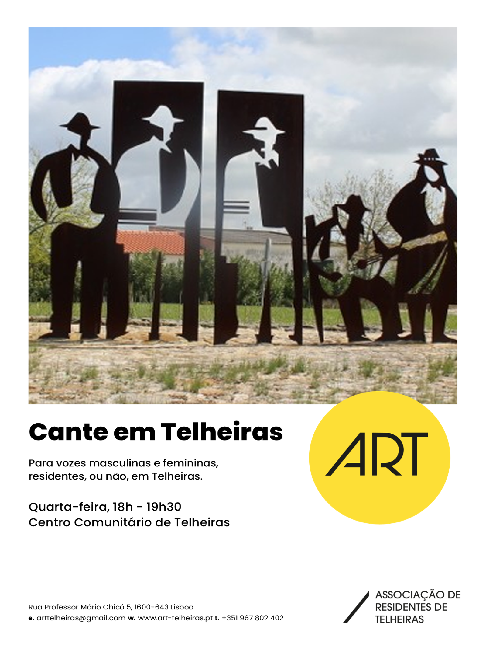 Cartaz Cante em Telheiras Cartaz de Cante em Telheiras com silhuetas de cantadores e ensaio às quartas-feiras.