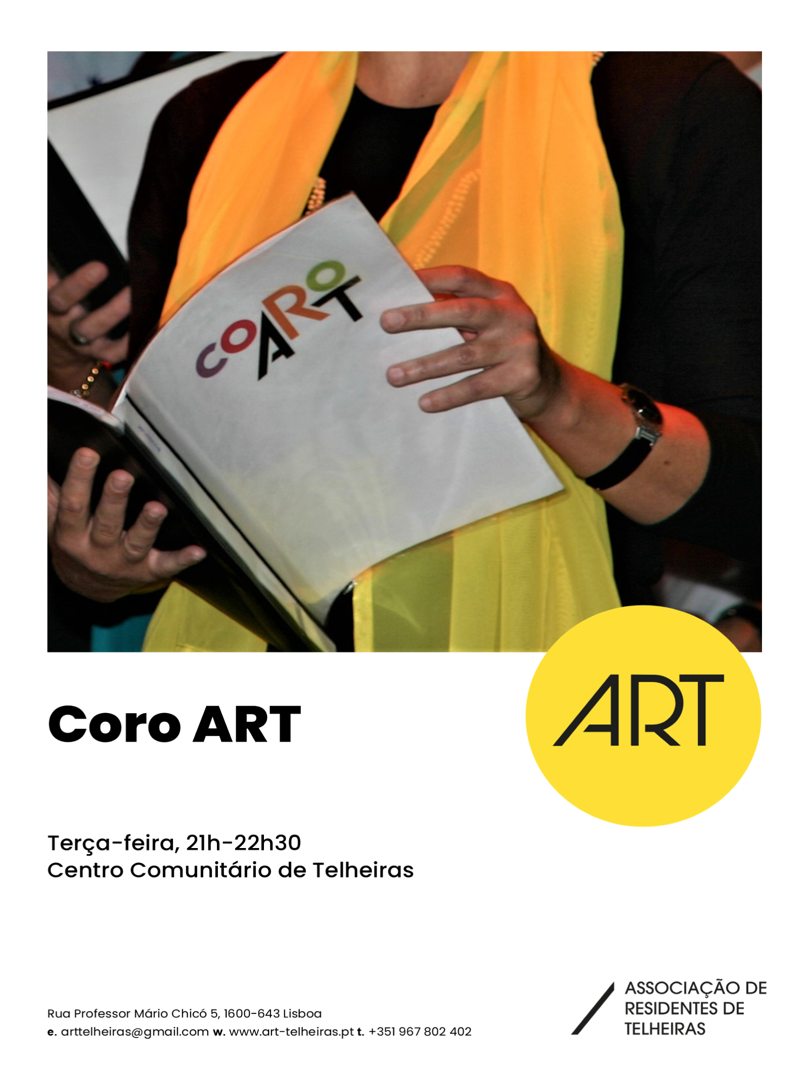 Cartaz Coro ART Cartaz do Coro ART com imagem de ensaio coral e horário de terça-feira.