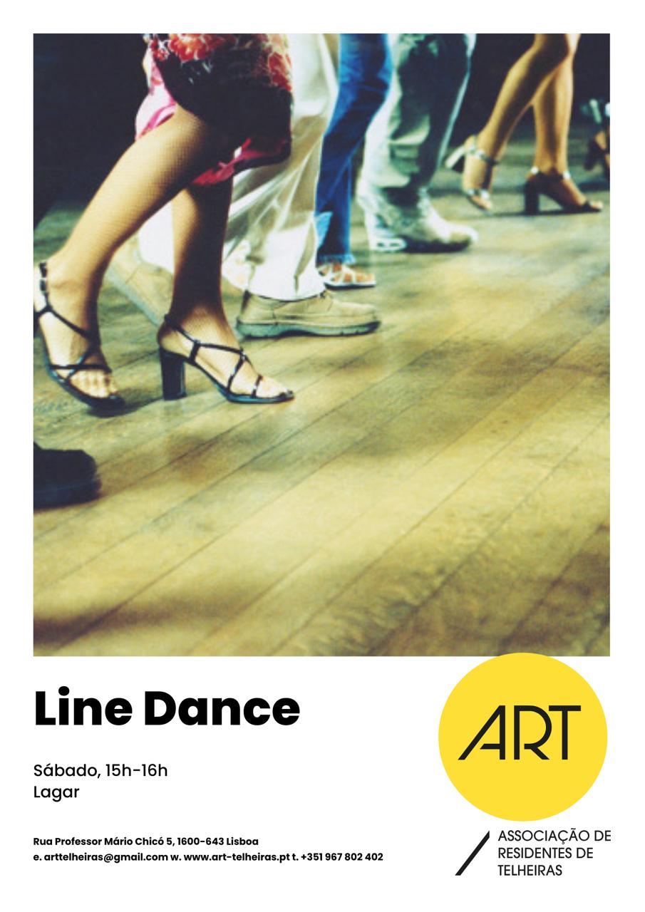 Cartaz Line Dance Cartaz de Line Dance com pés a dançar e horário de sábado.